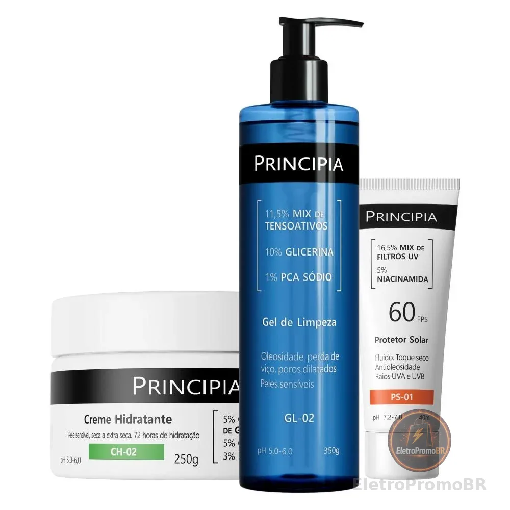 Principia Kit Hidratação c/ Gel de Limpeza GL-02 + Creme Hidratante Corporal CH-02 + Protetor Solar PS-01 FPS 60