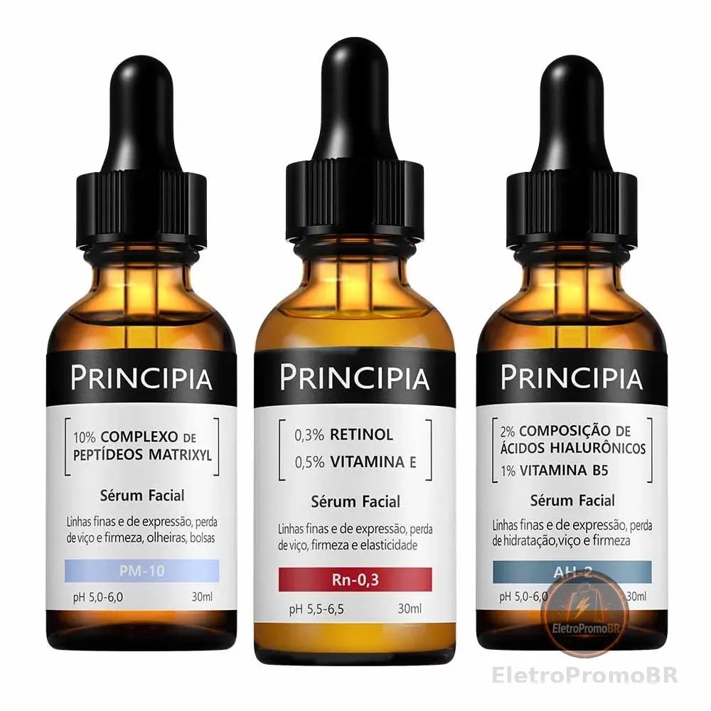 Principia Kit Trio Antissinais c/ Sérum Hialurônicos AH-2 + Sérum Peptídeos PM-10 + Sérum Retinol Rn-0,3