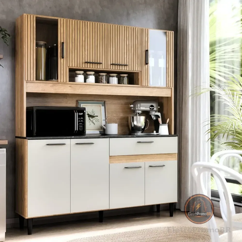 Armário De Cozinha Completa Com Balcão 8 Portas Gaveta Com Vidro Nicho Organizador Branco Off White Ripado Carvalho Nature Amadeirado Ripado Off