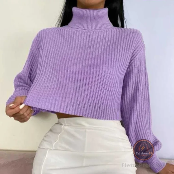 blusa cropped feminina cacharrel ombro caído gola alta blusinha de tricô tricot