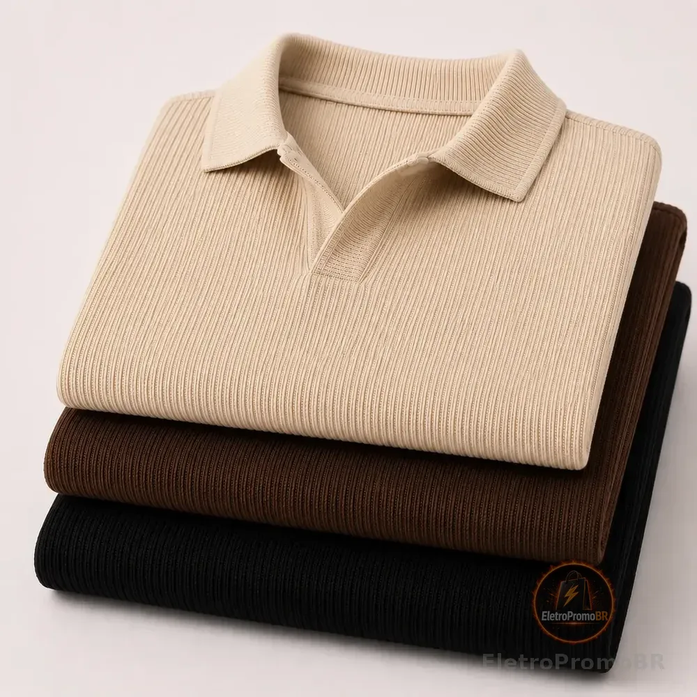 Kit Camisa Polo Masculina Canelada Gola Italiana Sem Botao Kit 3 - Bege / Marrom / Preto M