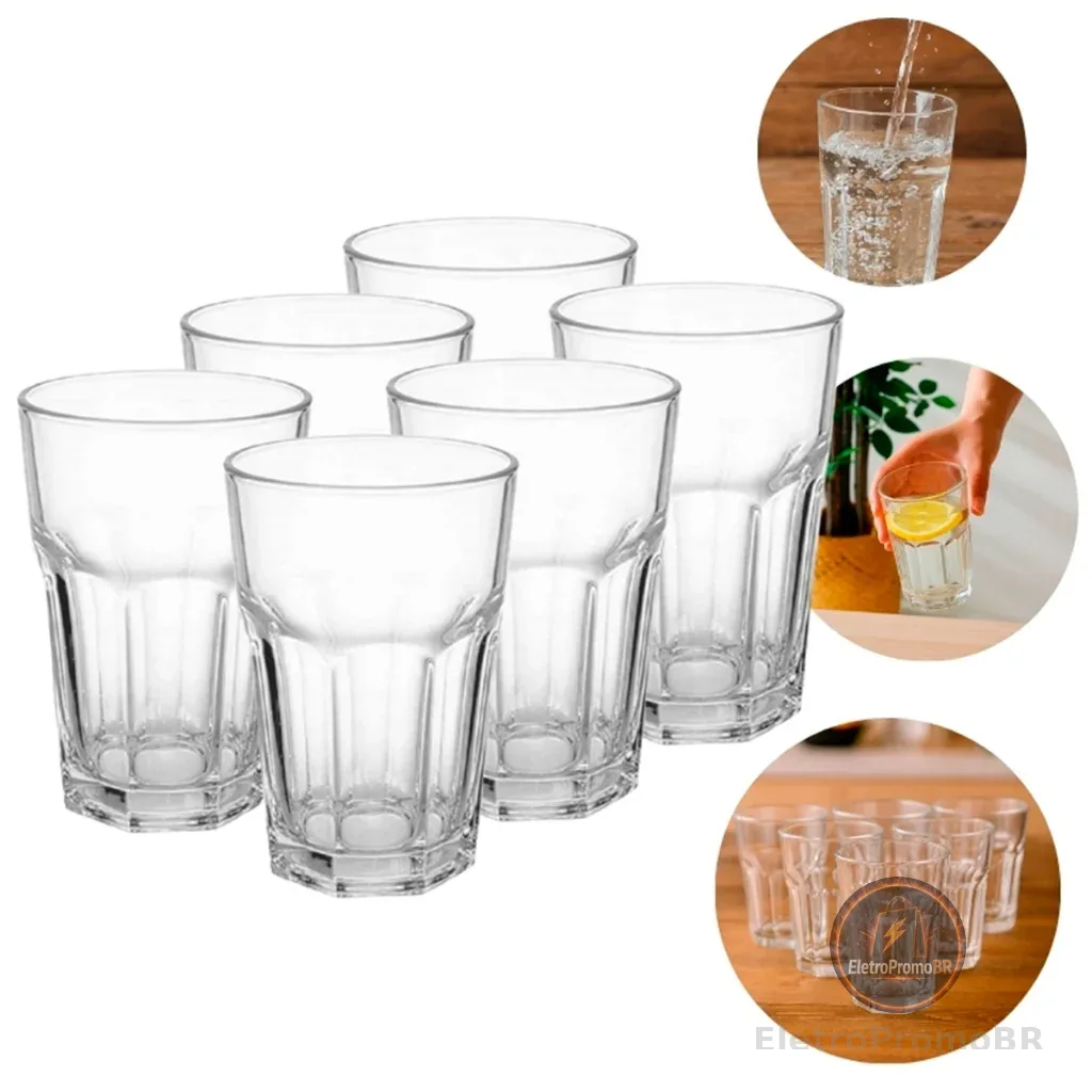 Jogo de Copos 6 Unidades 360ml Vidro Bristol Transparente - Bela Flor