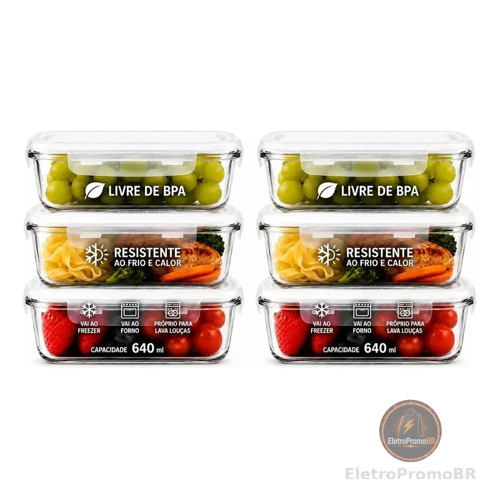 Kit 6 Potes Vidro 640ml Hermético Marmita Forno Refratário Transparente
