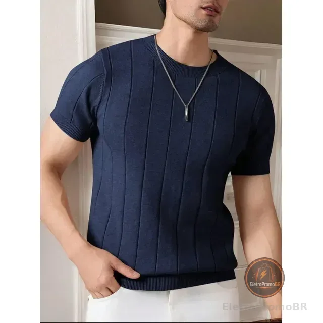 Camiseta Masculina Básica Canelada Manga Curta Tricot Modal