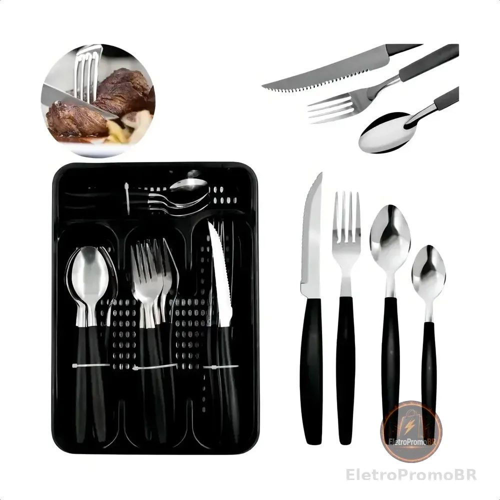Kit Talheres 25 Pecas Porta Talher Luxo Premium Cor Preto Ke Home Colher De Sopa Garfo Faca E Colher De Sobremesa