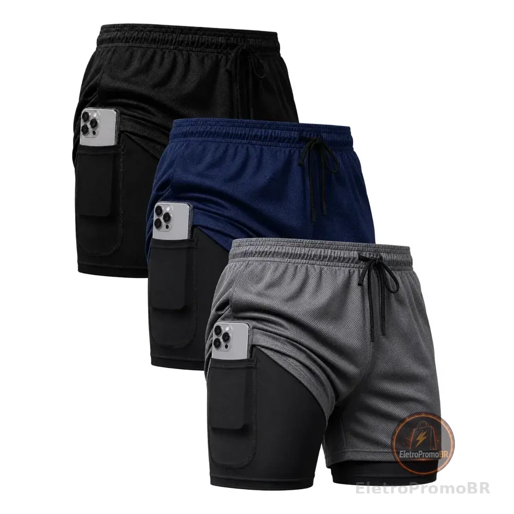 Kit 3 Shorts 2 Em 1 Duplo Dryfit Masculino Compressão Térmic Preto/cinza/azul-marinho Lisa G