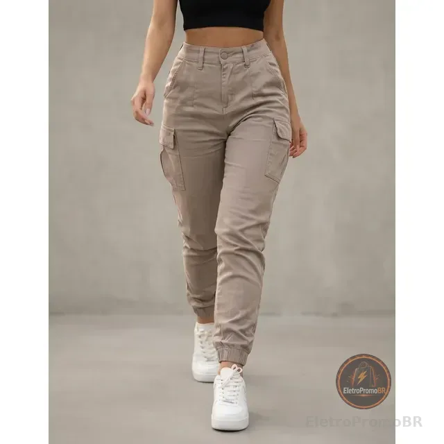 Calça Cargo Jogger Jeans Feminina Cintura Alta Com Lycra