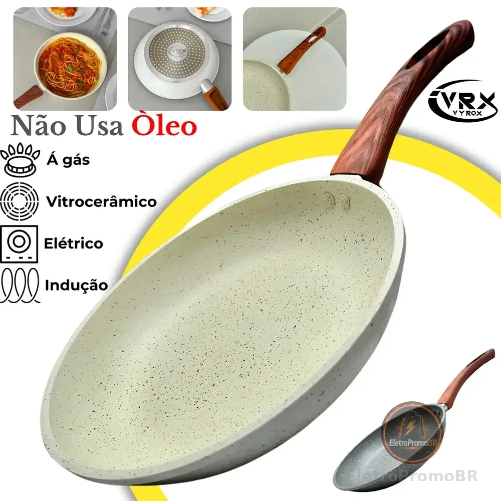 Frigideira Cerâmica 24cm Grande Premium Antiaderente Fogão Cooktop Indução Gás Elétrico Panela Frita Sem Óleo Não Gruda Creme Granito