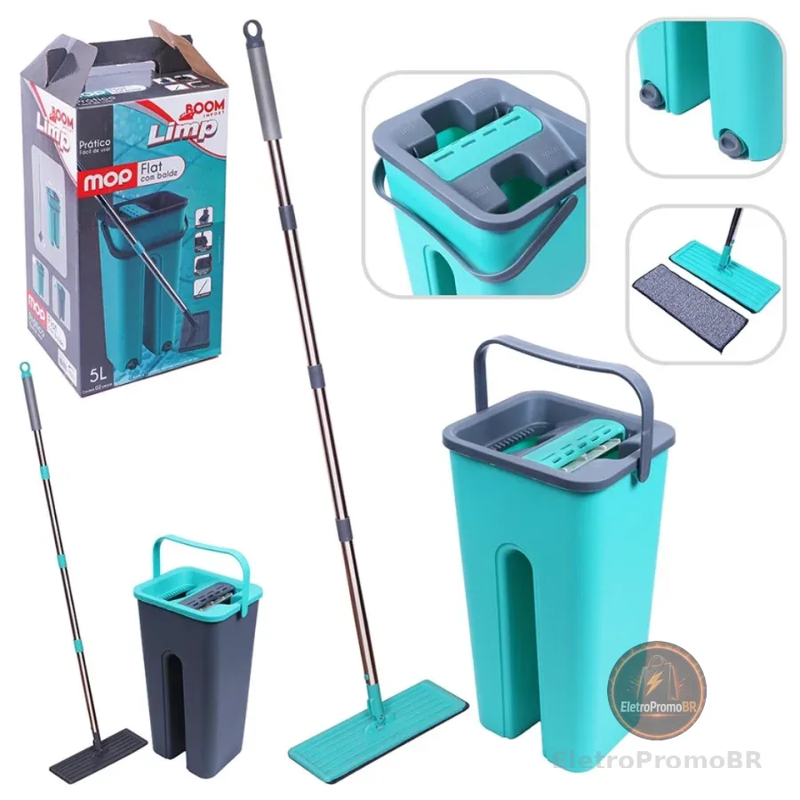 Rodo Mop Flat 2 Refis Esfregão Com Balde Rodo Mágico Lava Seca Tira Pó Limpeza Profissional