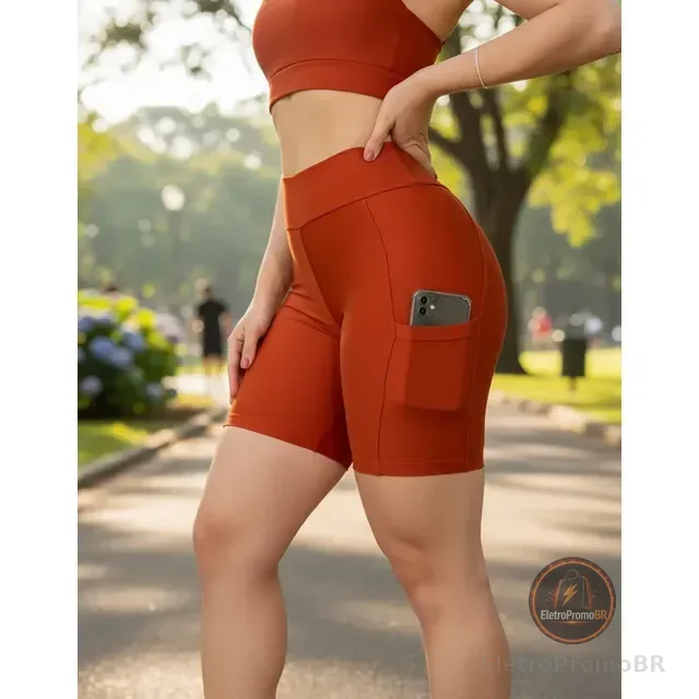 Short Feminino Fitness Suplex Com Bolso Cintura Alta Liso