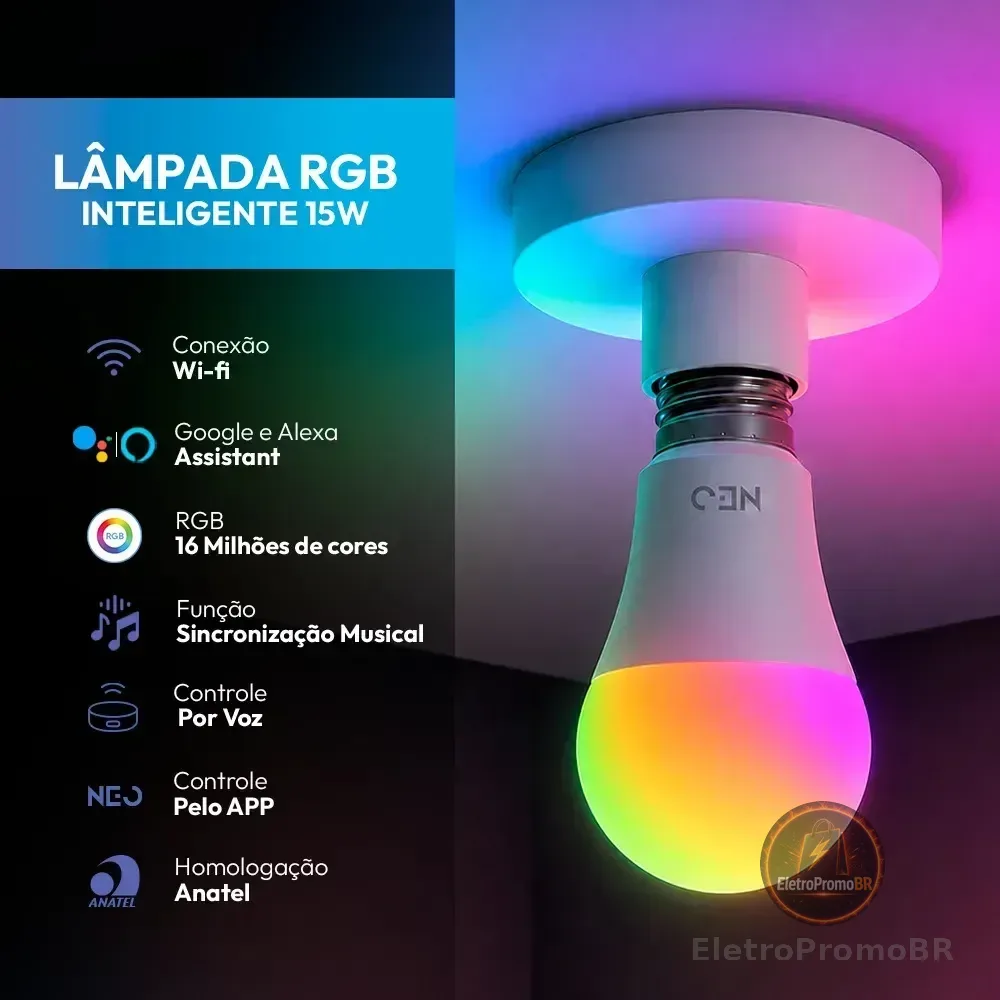 Lampada Led Pera Smart Inteligente Wi Fi 15w Rgb Colorido E27 Ip20 Branco Cod: 290048238 Avant Neo 127/220v
