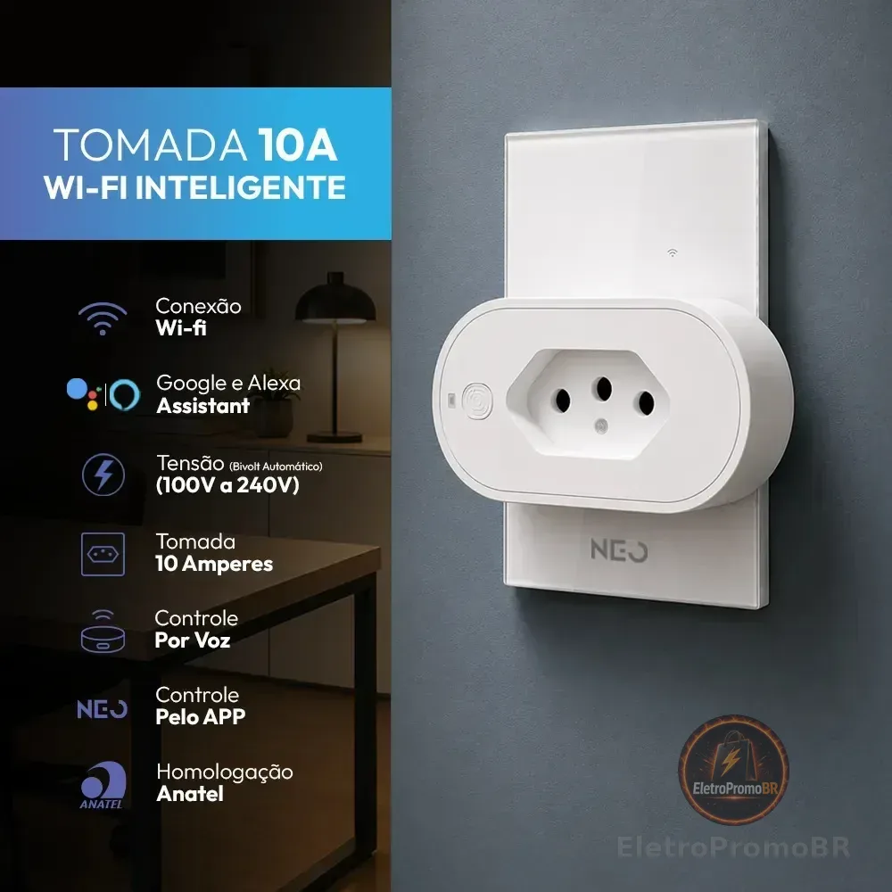 Tomada Inteligente Wi-fi 2.4 Ghz 10a 110v/220v Bivolt Branco Cod: 290600076 Neo Avant