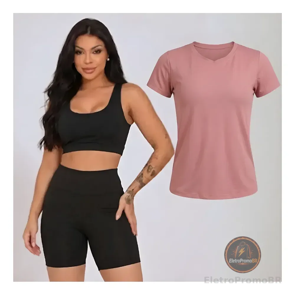Kit Conjunto Fitness Feminino + Camiseta Roupa Academia Rosa Gg