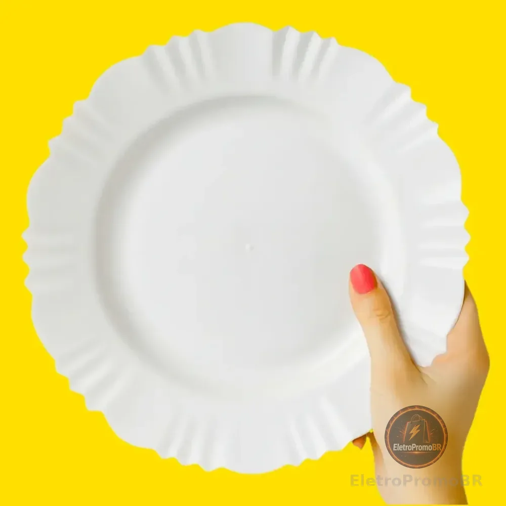 Kit 50 Prato Plástico Reutilizável Merenda Lanche Escolar Branco Pétala