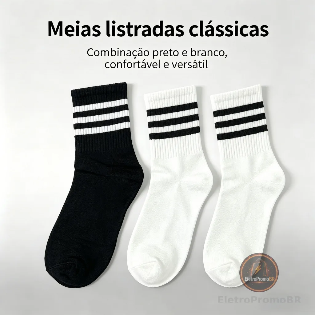 Kit 5/10 Pares Meias Listradas 3 Listras Cano Médio Masculina Unissex Algodão