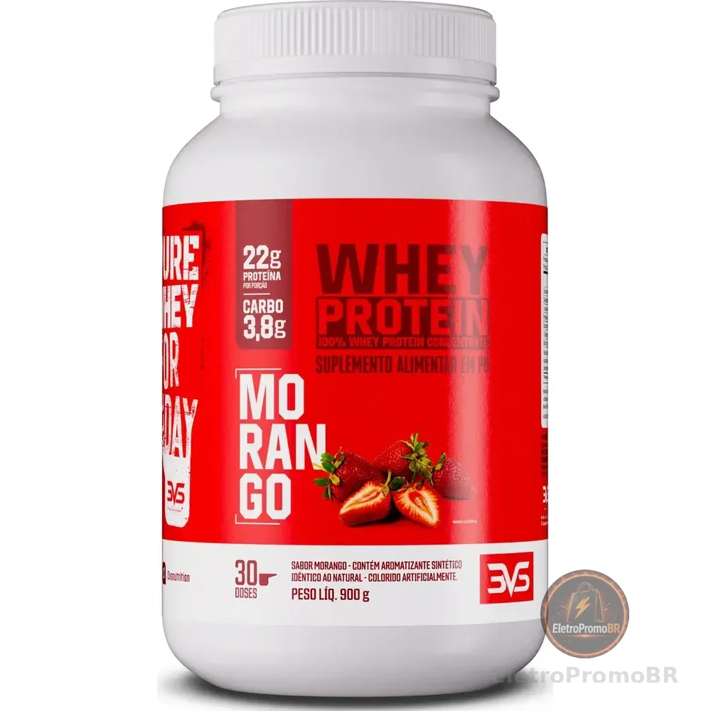 100% Whey Concentrado Com 22g De Proteína Por Dose - 900g - Sabor Morango