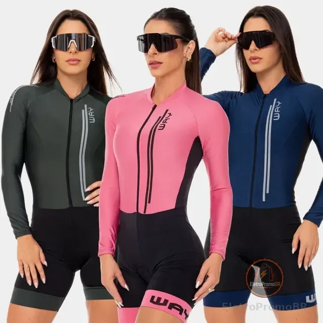 Macaquinho Feminino Ciclismo Manga Longa Forro Em Gel Com Uv