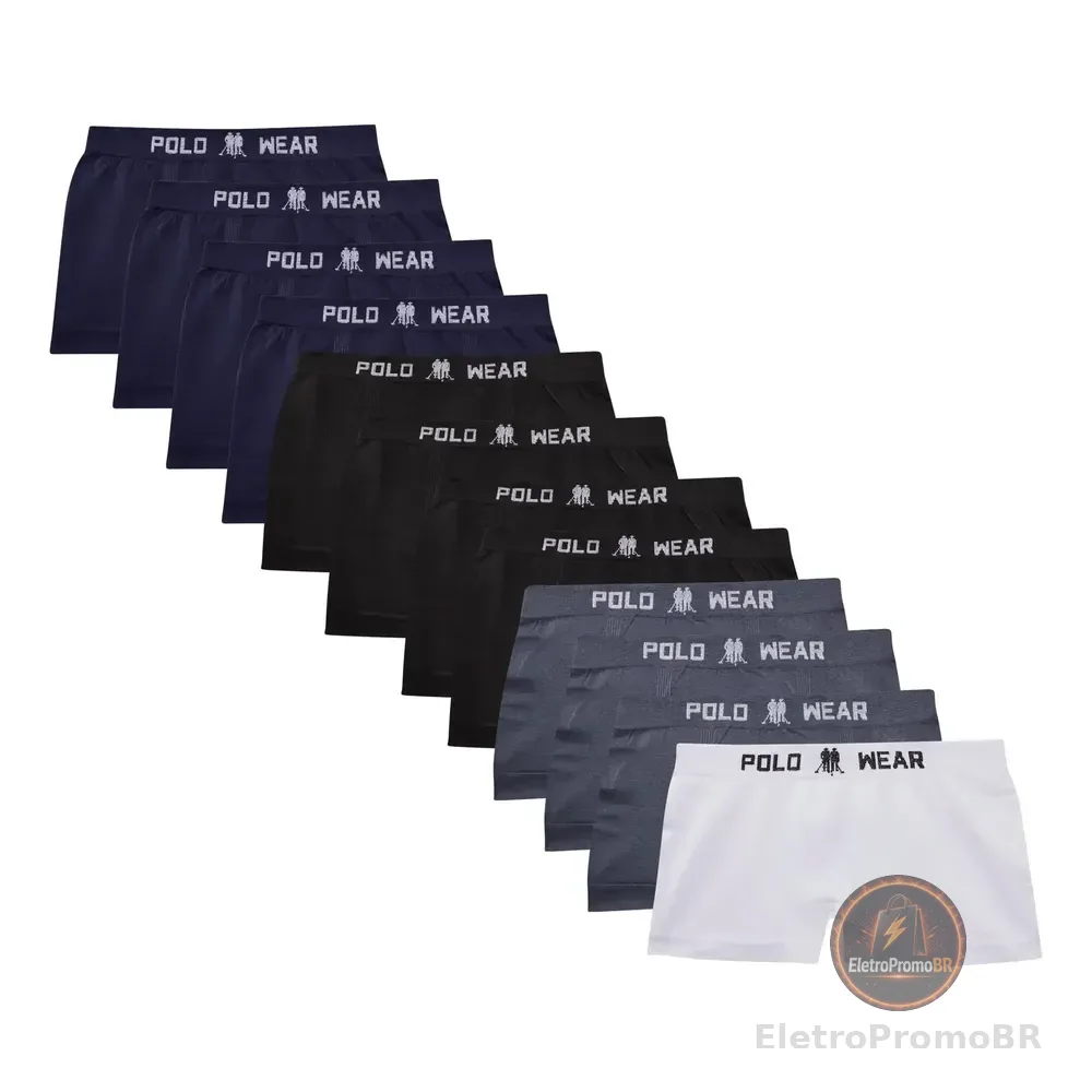 Kit 12 Cuecas Infantil Boxer Microfibra sortido Polo Wear  Preto, Branco, Azul Marinho E Cinza G - 9 A 11 Anos