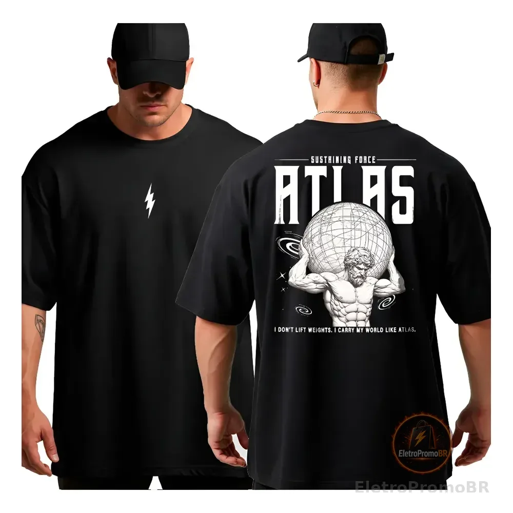 Camiseta Oversized Para Academia Atlas Musculação Algodão Preto - Estampa Branco G2
