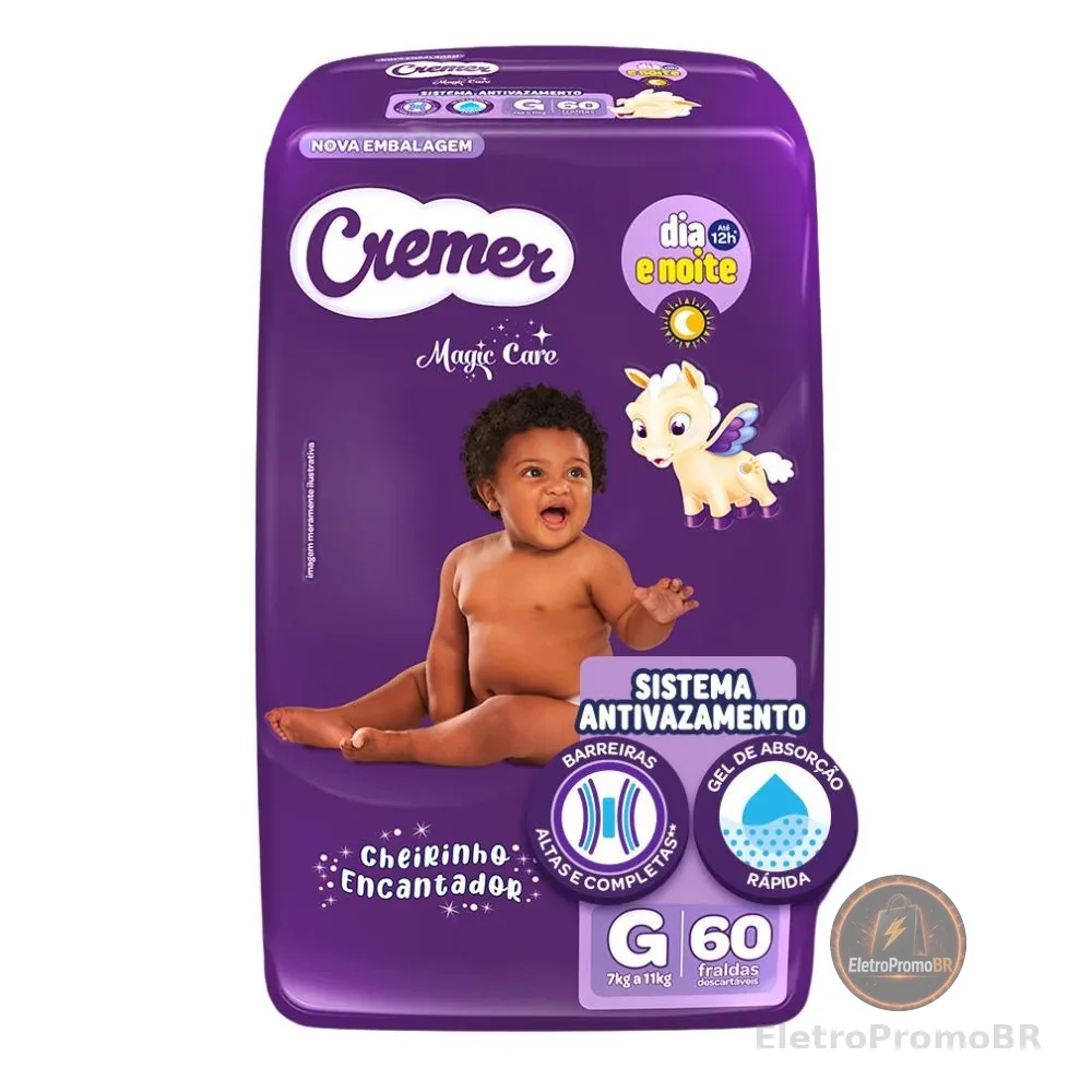 Fralda Cremer Magic Care Tamanho G Pacote Hiper com 60 Fraldas Descartáveis