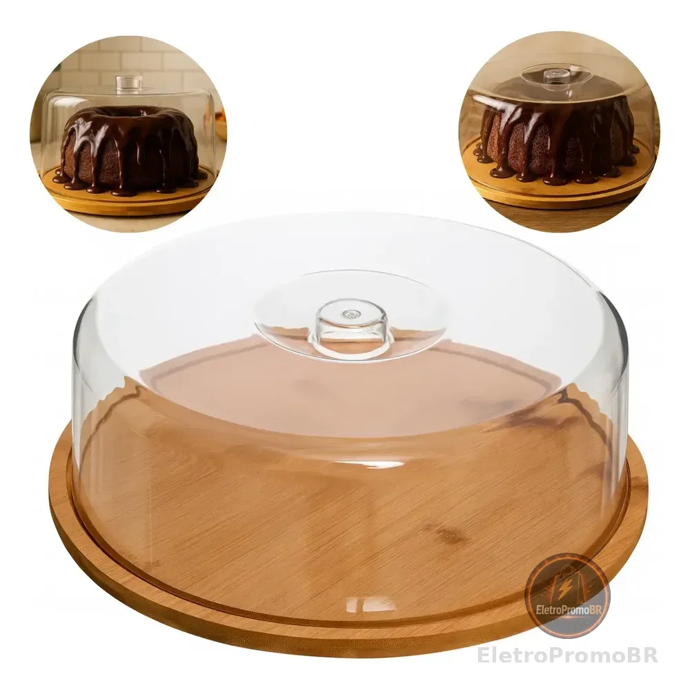 Boleira Porta Bolo Bambu Com Tampa Cúpula Em Acrílico 28cm