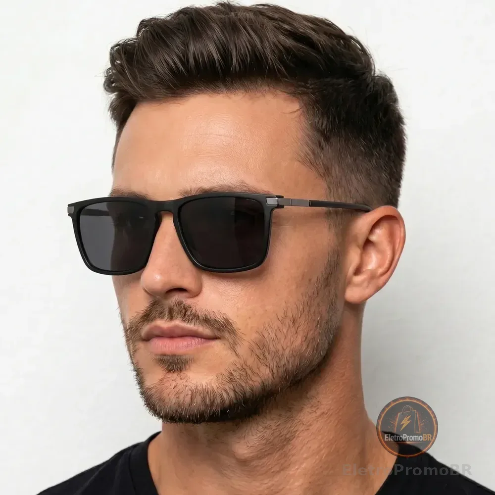 Óculos De Sol Quadrado Masculino Proteção Uv400 Tendencia Quadrado Armação Preta/ Lente Preta / Quadrado