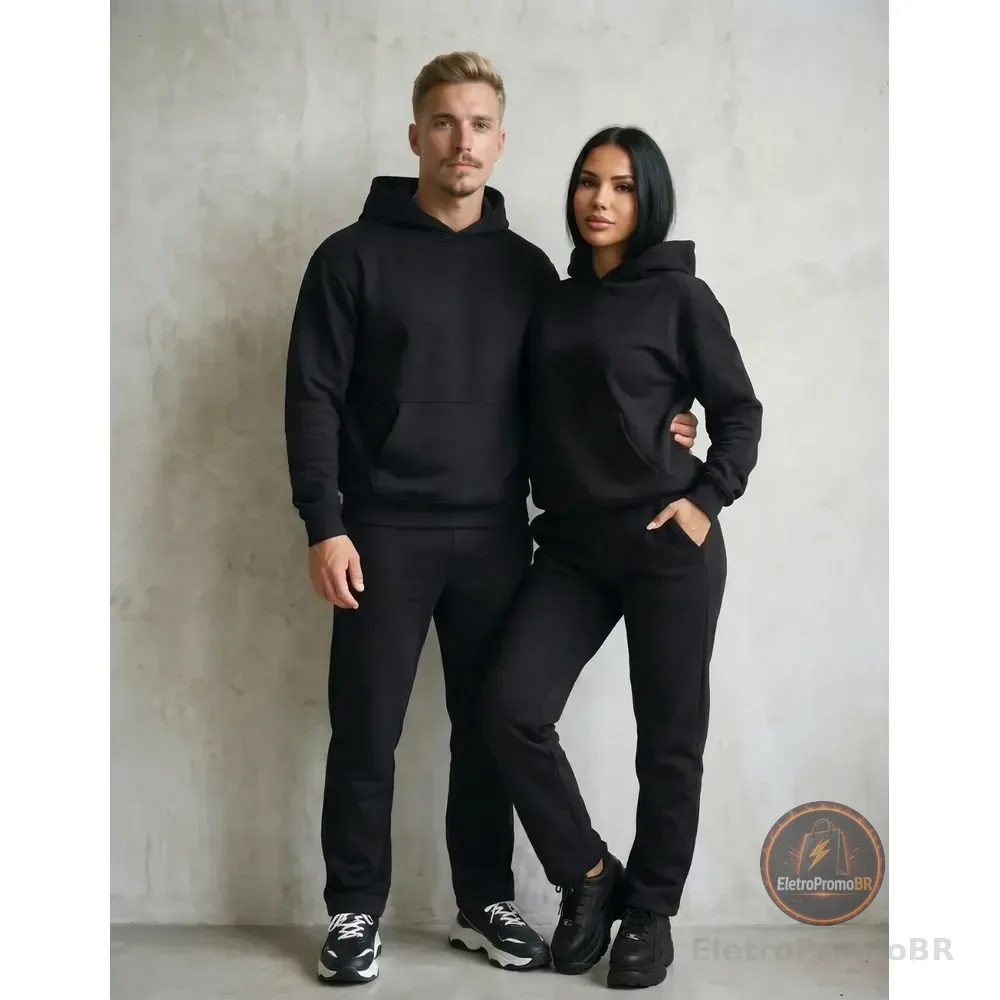 Conjunto Moletom Liso Unissex Flanelado Kit Blusa Frio Calça G Preto Lisa