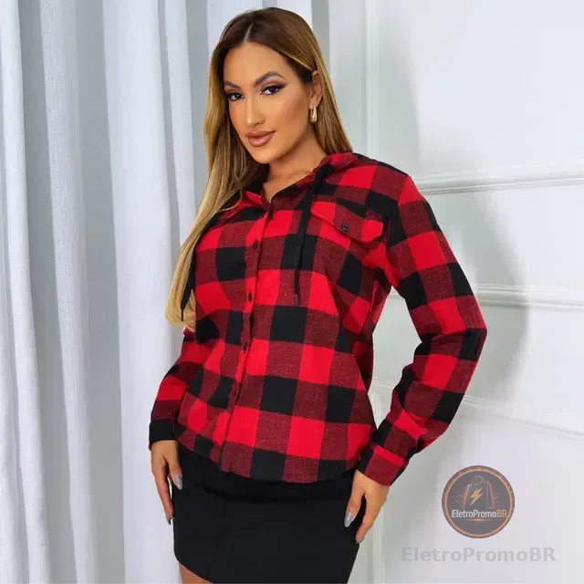Camisa Xadrez Blusa Country Flanelada Moda Feminina C/ Touca