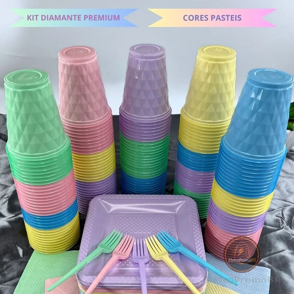 Kit 180 Itens Festa Aniversário Completo Premium Candy Descartável  Prato Copo Garfo Guardanapo Cor Pastel P/40 Pessoas