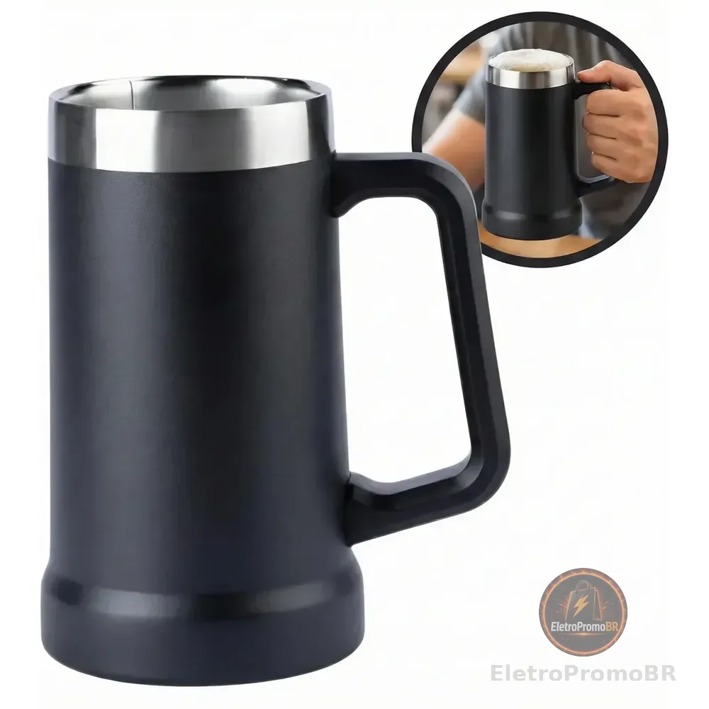 Caneca Térmica Sayonara De Aço Inox 720 Ml, Com Alça, Parede Dupla E Ideal Para Cerveja E Chopp Preto Lisa