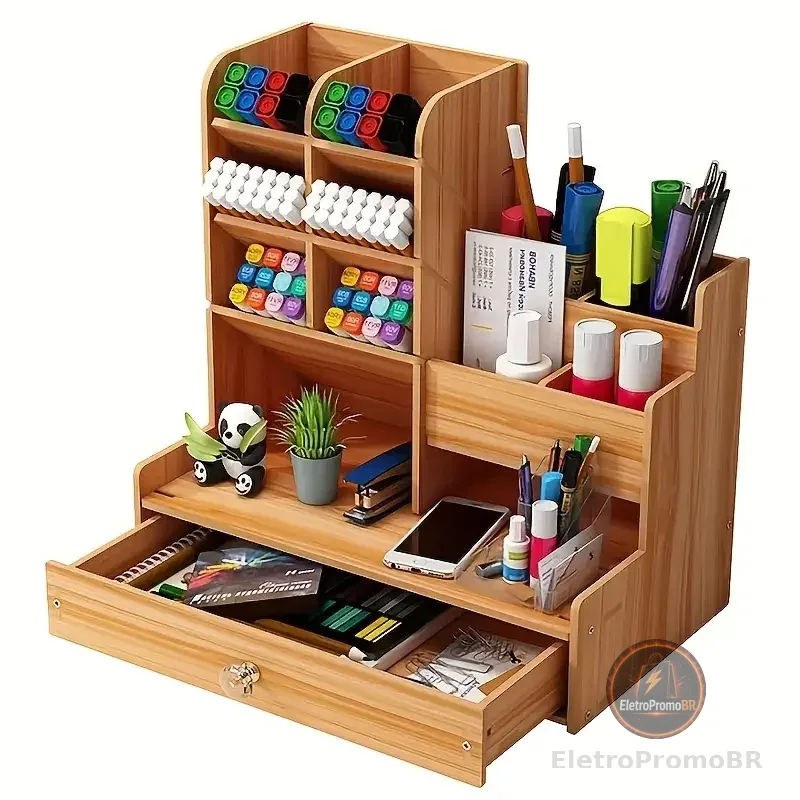 Organizador De Mesa Mdf Escritório Multiuso C/ Gaveta Nicho Canetas