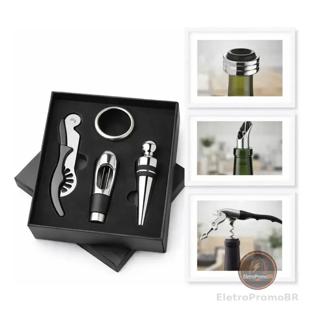 Kit Vinho 4 Peças Aço Inox Vbs Brasil Abridor Garrafa Manual Tipo Saca Rolhas Bico Dosador Tampa Anel