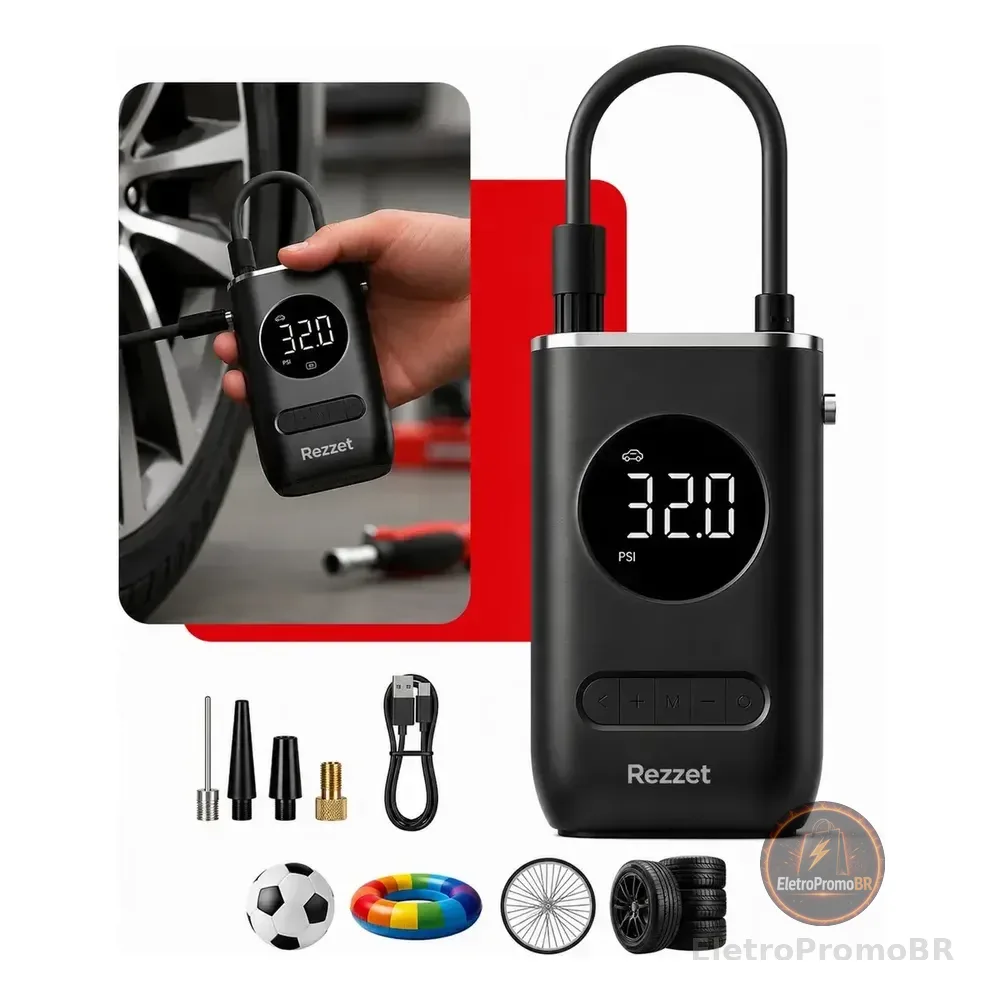 Mini Compressor Digital Portátil Rezzet Para Carro Moto E Bicicleta Com Calibrador Digital Inflador Elétrico De Pneus 12v Display Lcd Lanterna Led Compacto E Recarregável Preto 127/220v