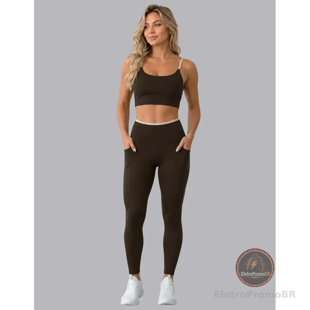 Conjunto Academia Top Calça Legging Fitness Roupa Kit Bolso Marrom/areia Lisa Gg 42/44