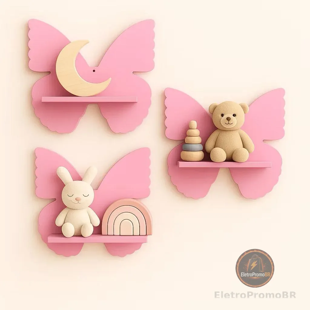 Kit 3 Nichos Prateleira Borboleta Para Bebê Infantil Quarto e Sala