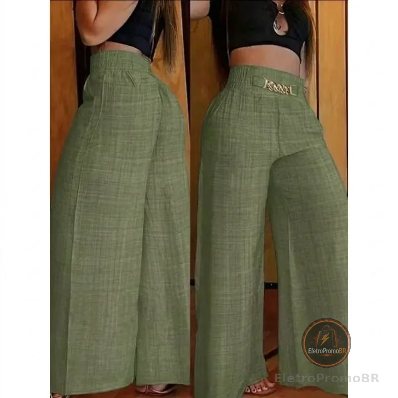 Calça Pantalona De Linho Com Cinto Fake e Cintura Alta e Bolsos