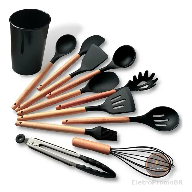 Kit C/12 Utensílios De Cozinha Silicone Cabo Madeira