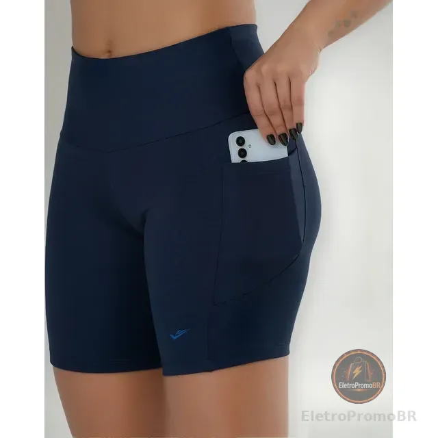 Short Feminino Academia Com Bolso Bermuda Cintura Alta Elite