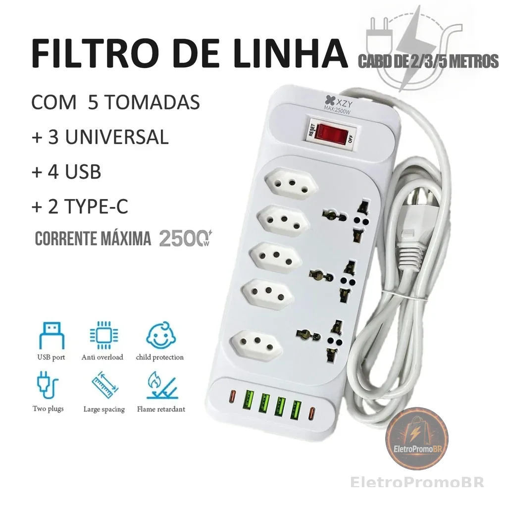 Régua Filtro de Linha com 8 Tomadas Extensão Elétrica 3 Universal 4 U 2 Type c 10A 110V/220V 2/3/5M