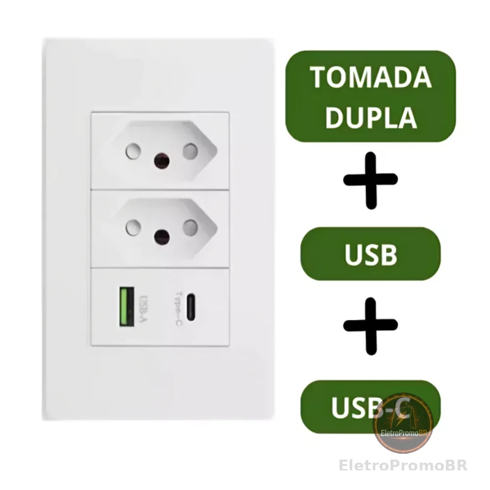 1/2/3 Tomada de Parede Dupla Com Entrada Usb e tipo C 5V Bivolt - 4 em 1 Carregamento Rápido Multi Carregamento