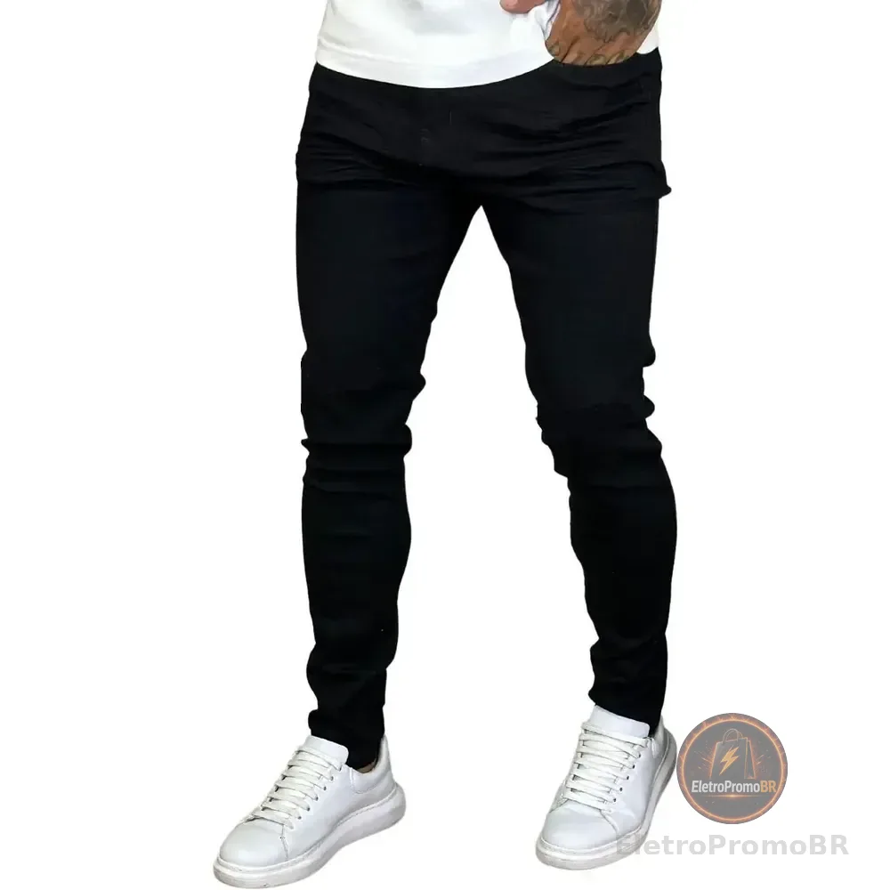 Calça Skinny Preta Masculina Jeans Com Elastano Lycra Preto 44