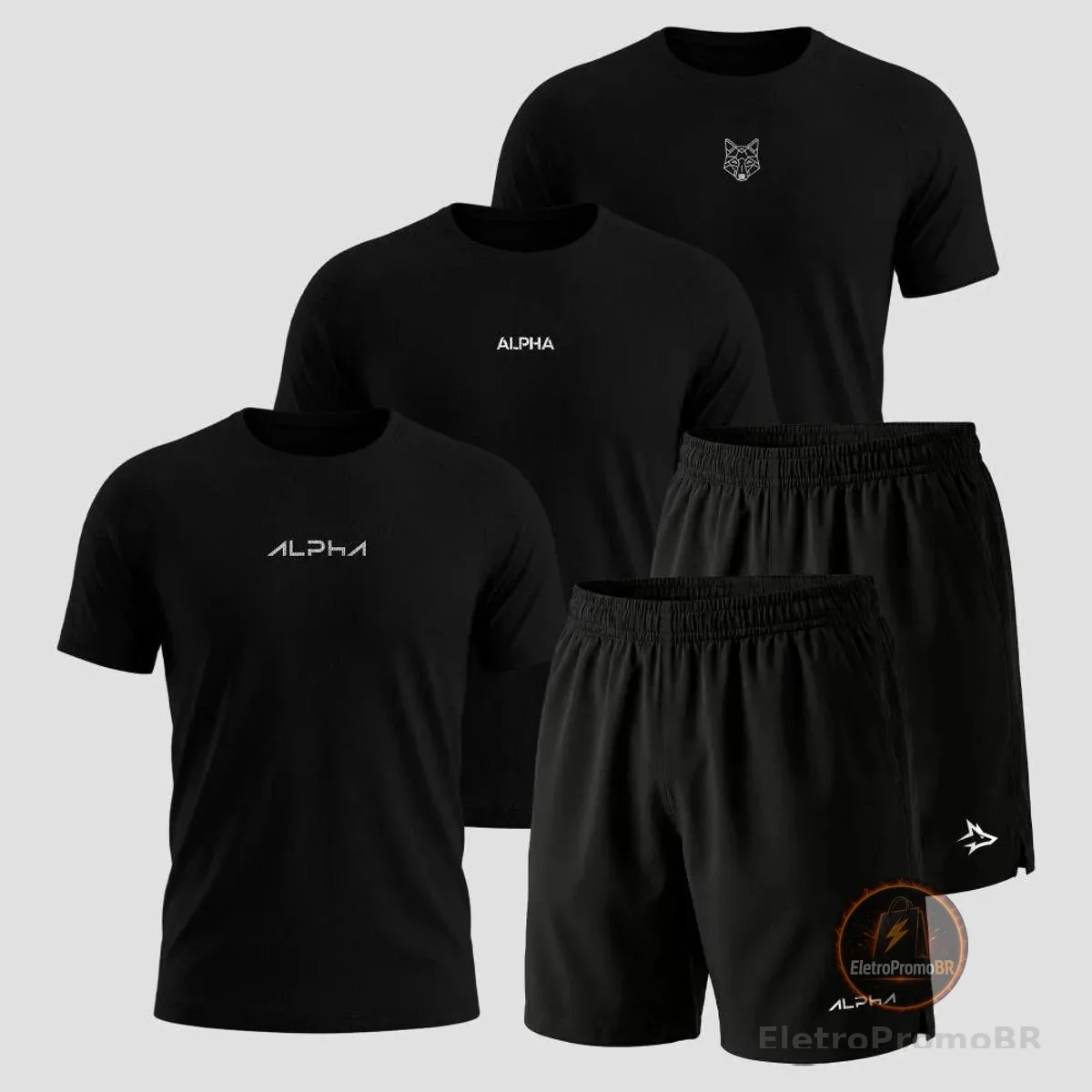 Kit 5 Peças All Black Dry 3 Camisetas e 2 Bermudas Alpha