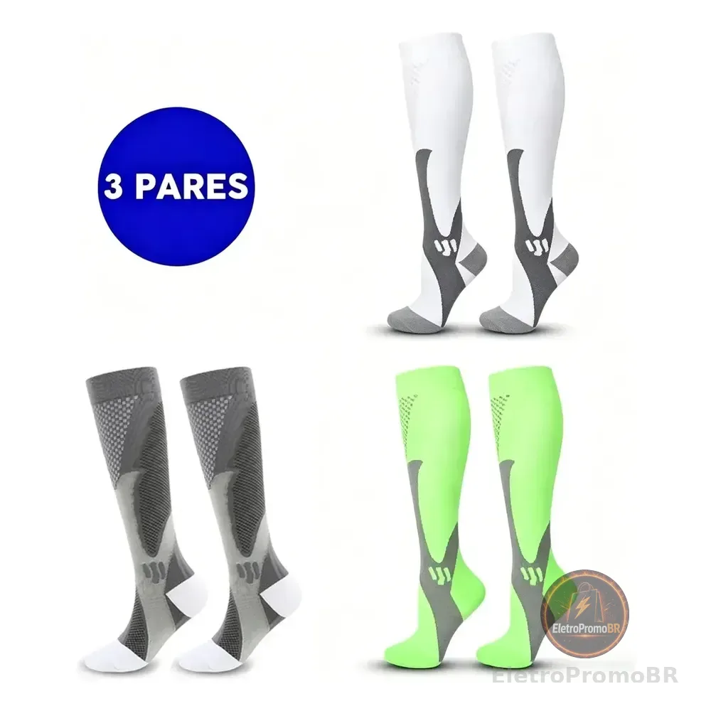 Jcolour 3 Pares Meias Compressão Joelho Alto Esport Correndo 1cinza/1branco/1 Verde S/m(35 A 39)