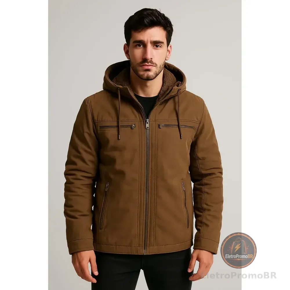 Jaqueta Sarja Masculina Forrada Com Capuz Removível Plus Marrom P
