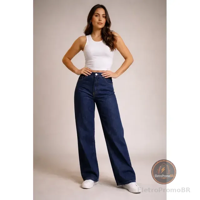 Calça Jeans Wide Leg Feminina Cintura Alta Sem Lycra Stillge