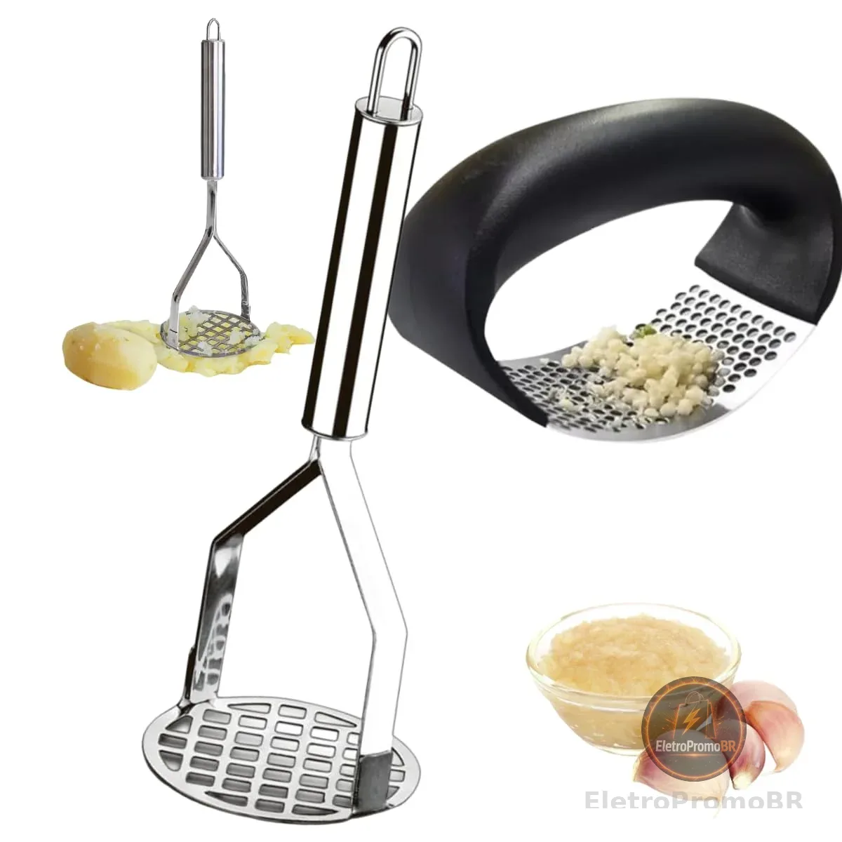 Kit 2 Peças Amassador Espremedor Triturador de Alho e Amassador de Batatas Purê Legumes e Feijão Inox Manual 24,5 CM e Ergonômico Amassar e Descascar Alho Utensílio para Cozinha Alho CLICK FACIL