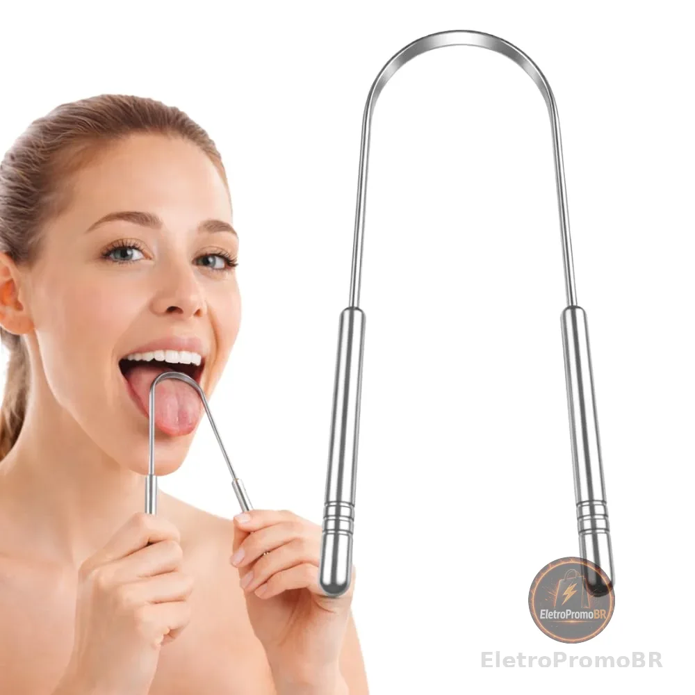 Raspador de Língua Inox Profissional Limpeza Bucal Anti Mau Hálito Higiene Oral, Aço Inoxidável Durável Removedor de Saburra, Fácil de Limpar, Reutilizável, Confortável, Uso Diário Premium Saúde Bucal