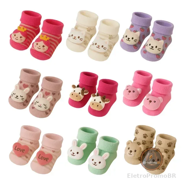 Kit 03 Pares Meia Bebê Bichinho Infantil Inverno Pelúcia 3 D
