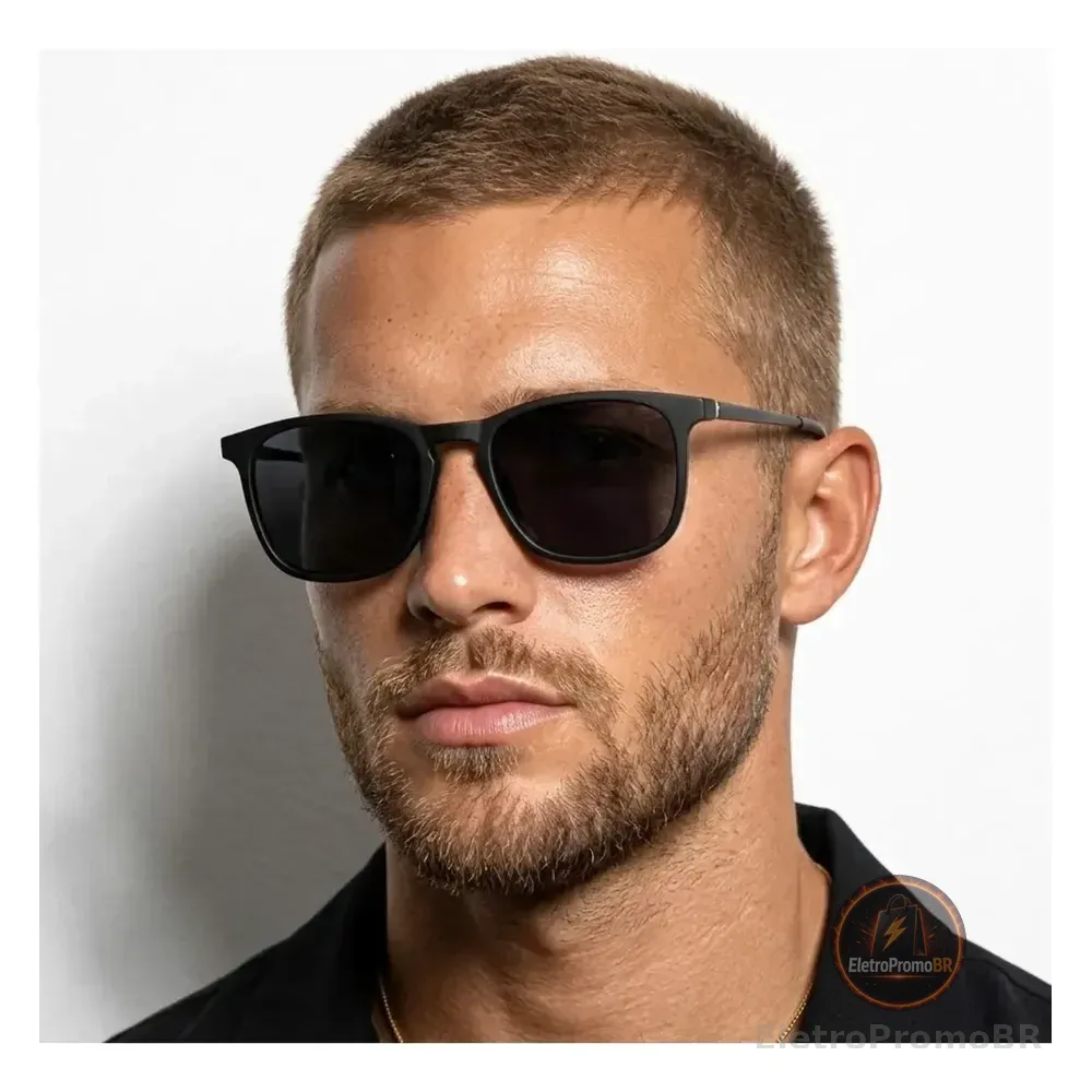 Óculos De Sol Quadrado Premium Acetato Metal Proteção Uv400 Cor Preto Armação Preto Haste Preto Lente Preto Desenho Preto Fosco