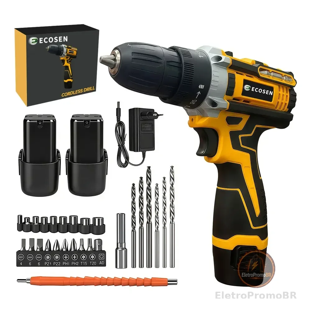 Parafusadeira Furadeira Sem Fio De 10mm 3/8 2 Bateria Lítio Amarelo 127/220v 50hz/60hz